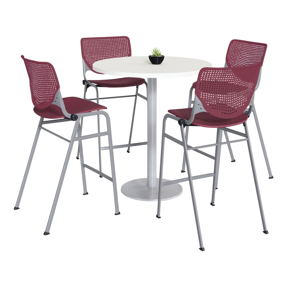 KFI Studios KOOL Round Pedestal Table With 4 Stacking Chairs, 41inH x 36inD, Designer White/Burgundy