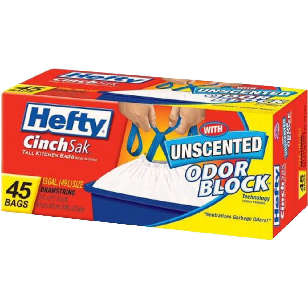 Hefty CinchSak 13-gallon Drawstring Bags - 13 gal Capacity - Drawstring Closure - White - 6/Carton - 45 Per Pack - Garbage, Kitchen