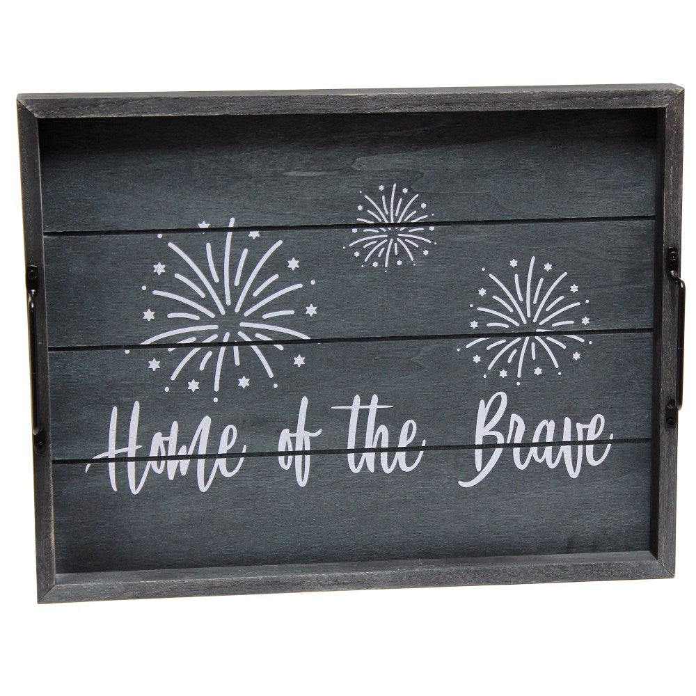 Elegant Designs Decorative Serving Tray, 2-1/4inH x 12inW x 15-1/2inD, Midnight Blue Wash Home Of The Brave
