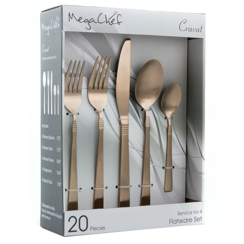 MegaChef Cravat 20-Piece Stainless-Steel Flatware Set, Matte Rose