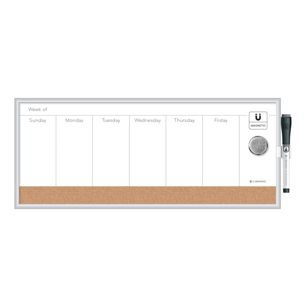 U Brands Magnetic Dry Erase Weekly Calendar Board, 18in X 7-1/2in, Silver Aluminum Frame
