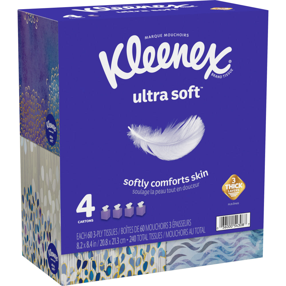 Kleenex Ultra Soft 3-Ply Unscented Tissues, 8-1/4in x 8-7/16in, 65 Per Box, Pack Of 4 Boxes