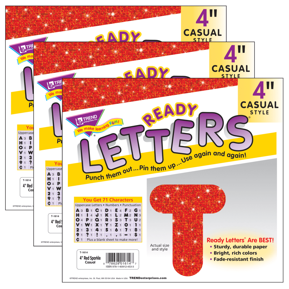TREND Ready Letters, 4in, Casual Uppercase, Red Sparkle, Set Of 3 Packs