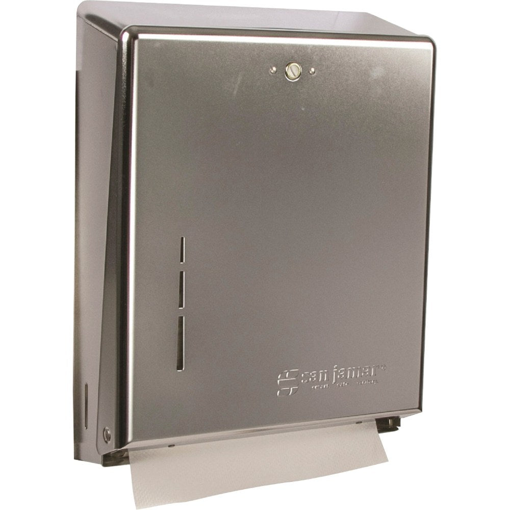 San Jamar C-Fold/Multifold Paper Towel Dispensers - C Fold, Multifold Dispenser - 500 x Towel Multifold, 300 x Towel C Fold - 14.8in Height x 11.4in Width x 4in Depth - Stainless Steel - Chrome - Key Lock, Touch-free - 5 / Carton