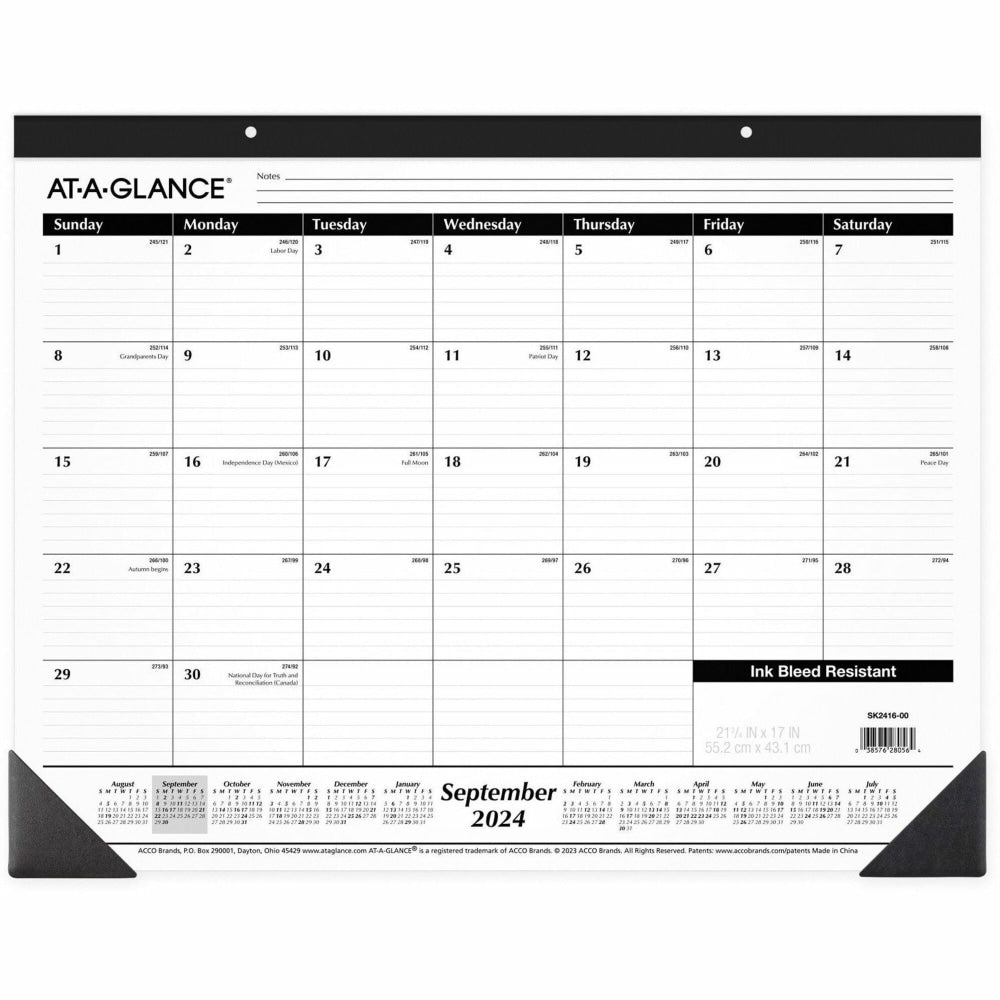 AT-A-GLANCE Academic 16-Month Monthly Desk Pad, 17in x 22in, Black, September 2022 To December 2023