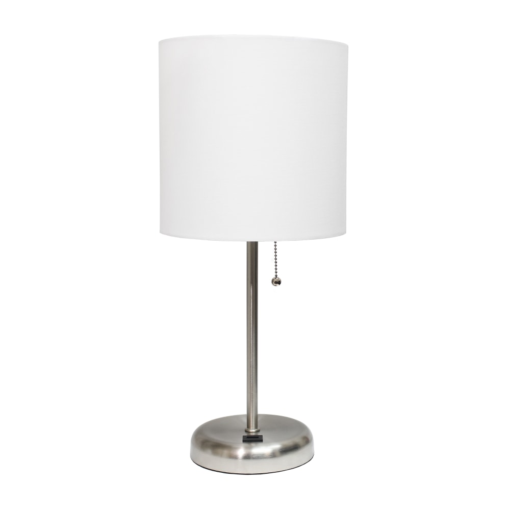LimeLights Brushed Steel Stick Lamp with USB charging port and White Fabric Shade
