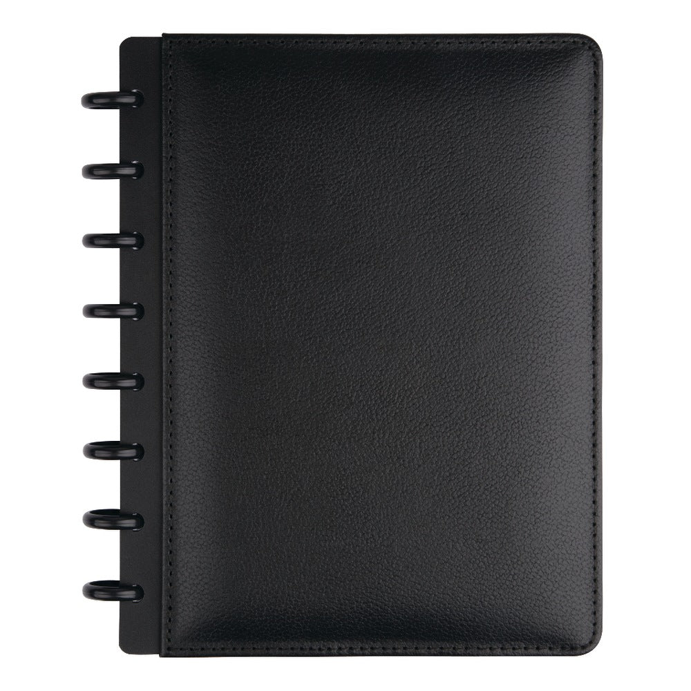 TUL Discbound Notebook With Leather Cover, Junior Size, Narrow Ruled, 60 Sheets, Black