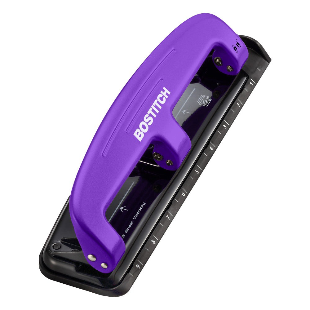 Bostitch EZ Squeeze Three-Hole Punch, 12 Sheet Capacity, Purple