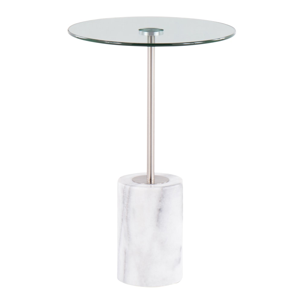 LumiSource Symbol Side Table, 23-1/2inH x 15-3/4inW x 15-3/4inD, Clear/White Marble/Nickel