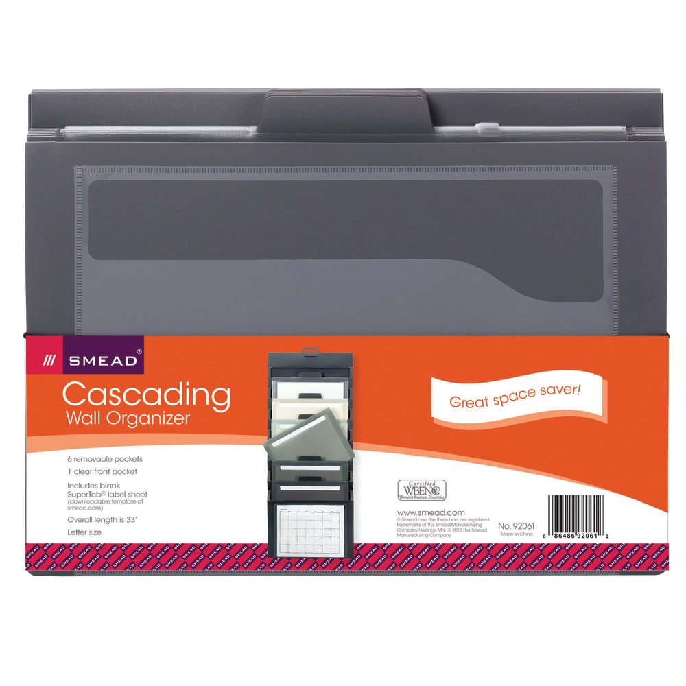 Smead 6-Pocket Cascading Wall Organizer, Letter Size, 36-1/4in x 14-1/4in, Gray