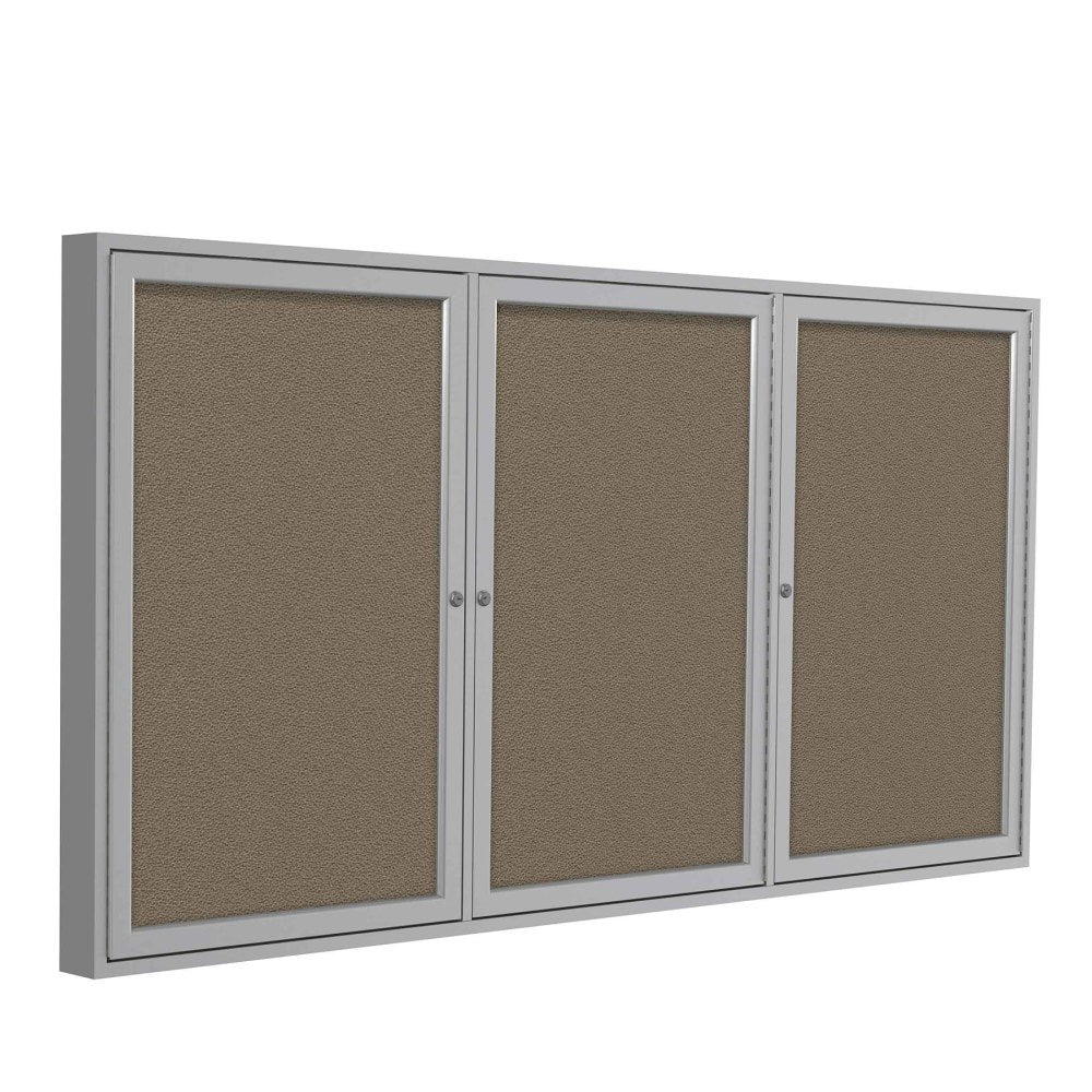 Ghent Traditional 3-Door Enclosed Fabric Bulletin Board, 48in x 72in, Taupe, Satin Aluminum Frame