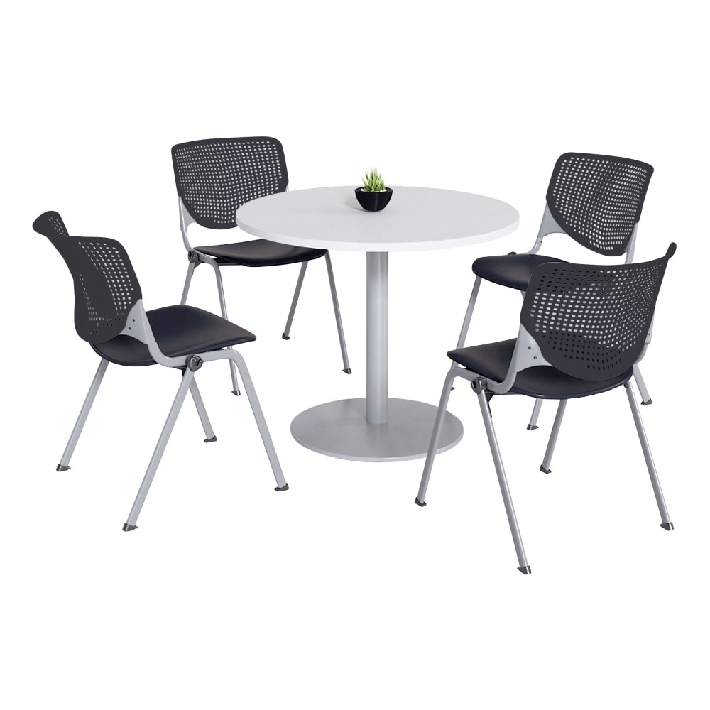 KFI Studios KOOL Round Pedestal Table With 4 Stacking Chairs, White/Black