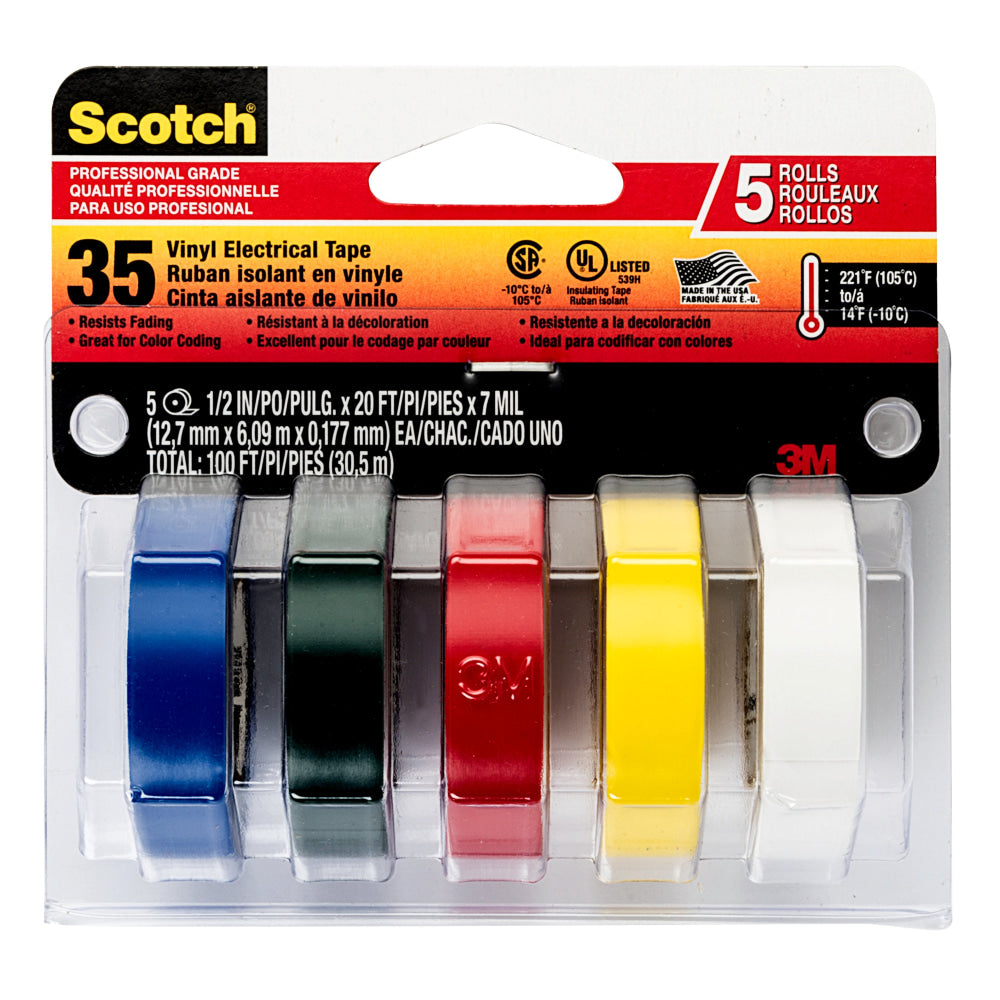 Scotch Professional Quality Electrical Tape, 0.5in x 6.67ft, Pack Of 5 Tapes