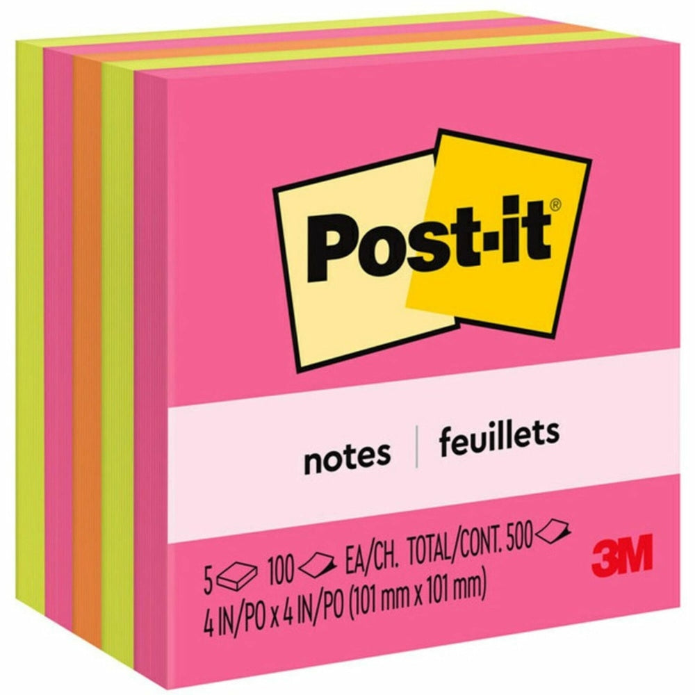 Post-it Notes - Poptimistic Color Collection - 4in x 4in - Square - 100 Sheets per Pad - Fuchsia, Neon Green, Neon Orange - Repositionable, Self-adhesive - 5 / Pack