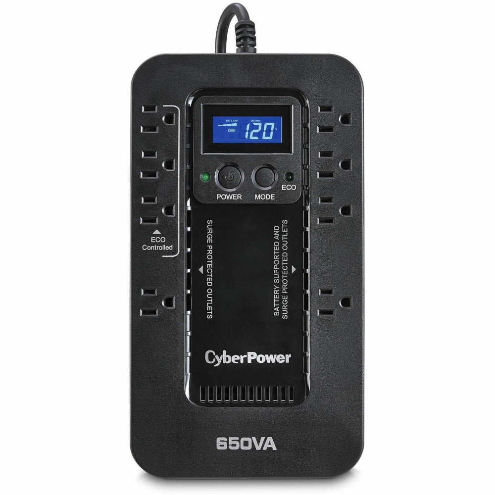 CyberPower Ecologic EC650LCD 8-Outlet Uniterruptible Power Supply, 650VA/390 Watts