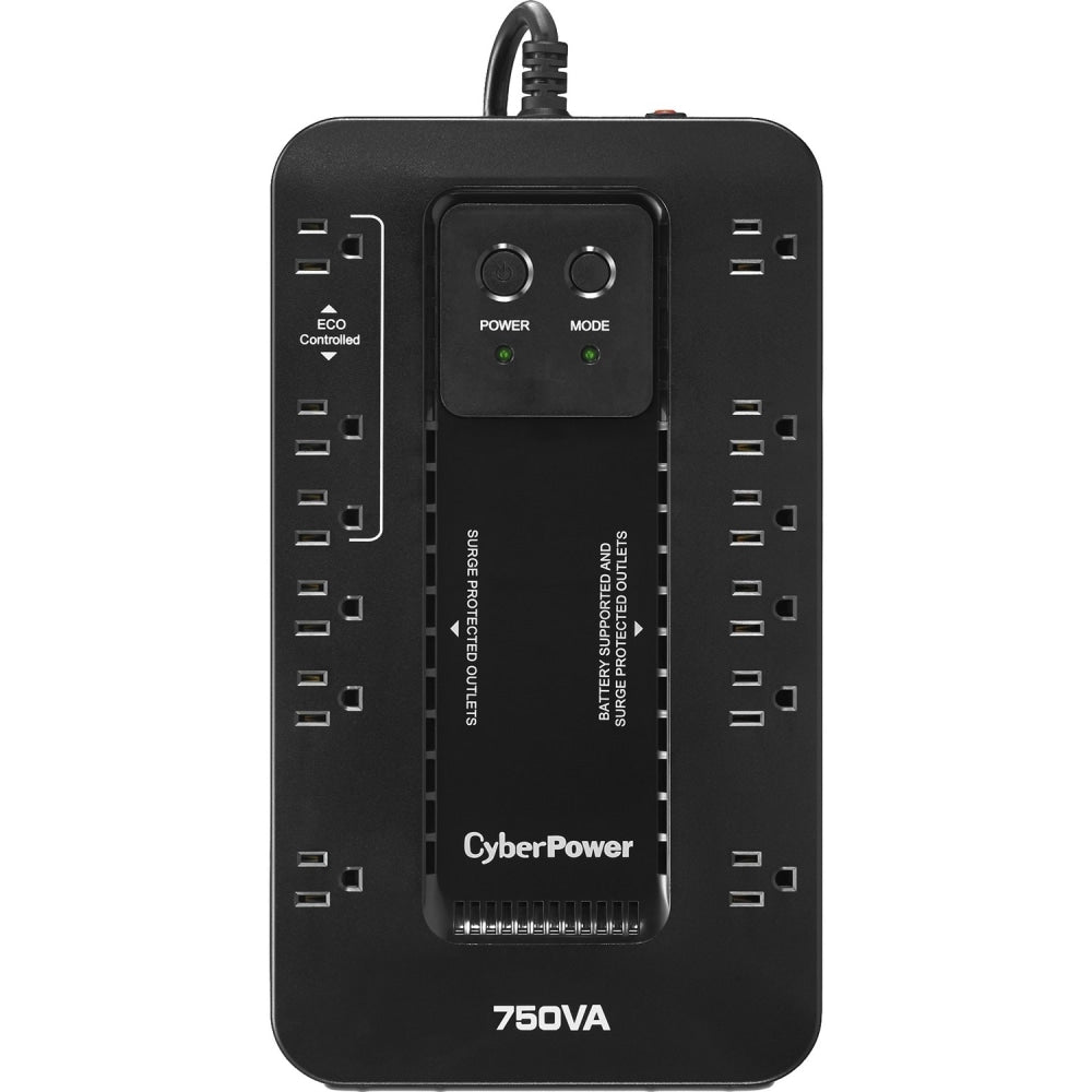 CyberPower EC750G Ecologic UPS Systems - 750VA/450W, 120 VAC, NEMA 5-15P, Compact, 12 Outlets, PowerPanel Personal, $100000 CEG, 3YR Warranty