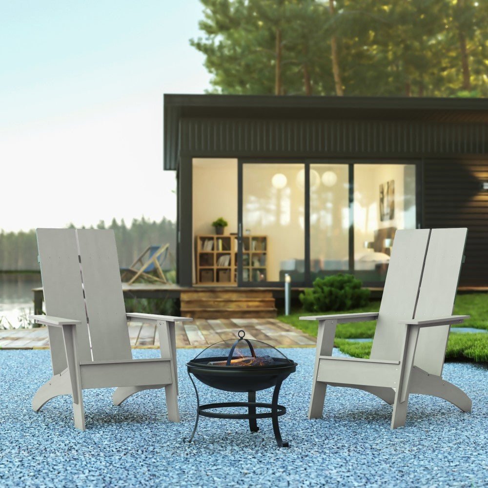 Flash Furniture Sawyer Modern All-Weather 2-Slat Poly Resin Adirondack Chairs With 22in Round Fire Pit, 39-1/2inH x 30-1/2inW x 37-1/2inD, Gray