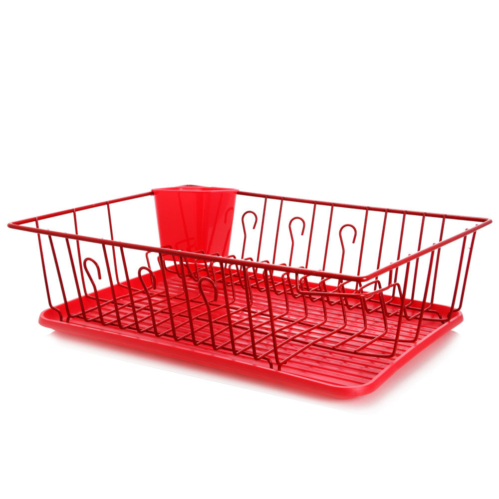 MegaChef Dish Rack With 14 Plate Positioners And Detachable Utensil Holder, 17-1/2in, Red