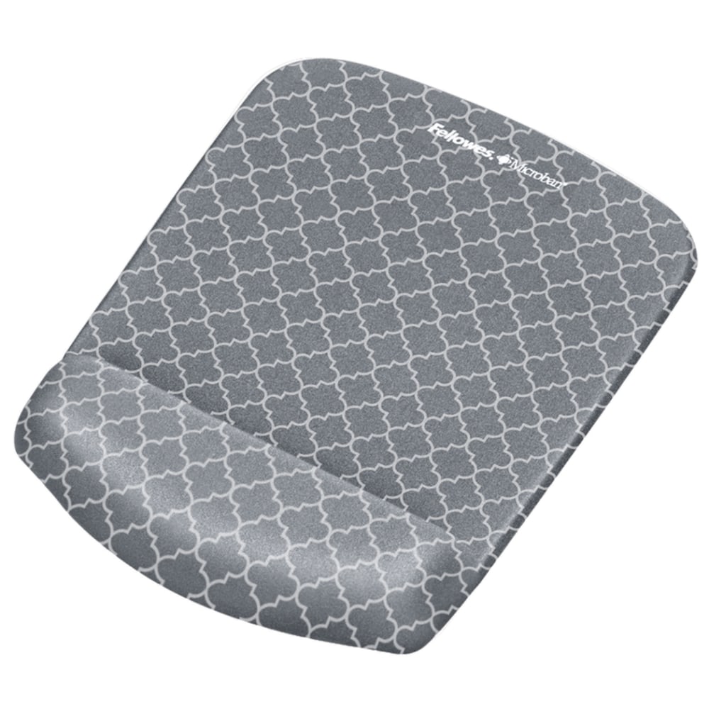 Fellowes PlushTouch Microban Mouse Pad With FoamFusion Wrist Rest,  Lattice Pattern, Gray/White