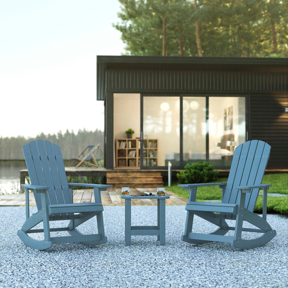 Flash Furniture Savannah All-Weather Poly Resin Wood Adirondack Rocking Chairs With Side Table, 39-1/2inH x 29-1/2inW x 37-3/4inD, Sea Foam