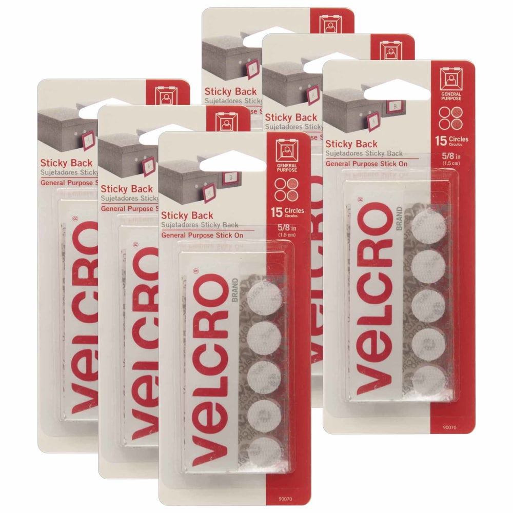 VELCRO Brand STICKY BACK Fasteners, Round, 0.63in, White, 15 Fasteners Per Pack, Set Of 6 Packs