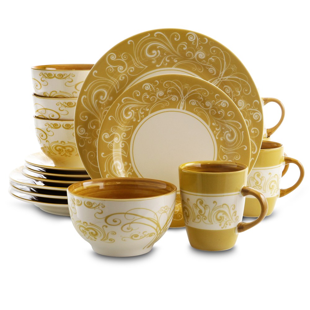 Elama 16-Piece Stoneware Dinnerware Set, Golden Yellow
