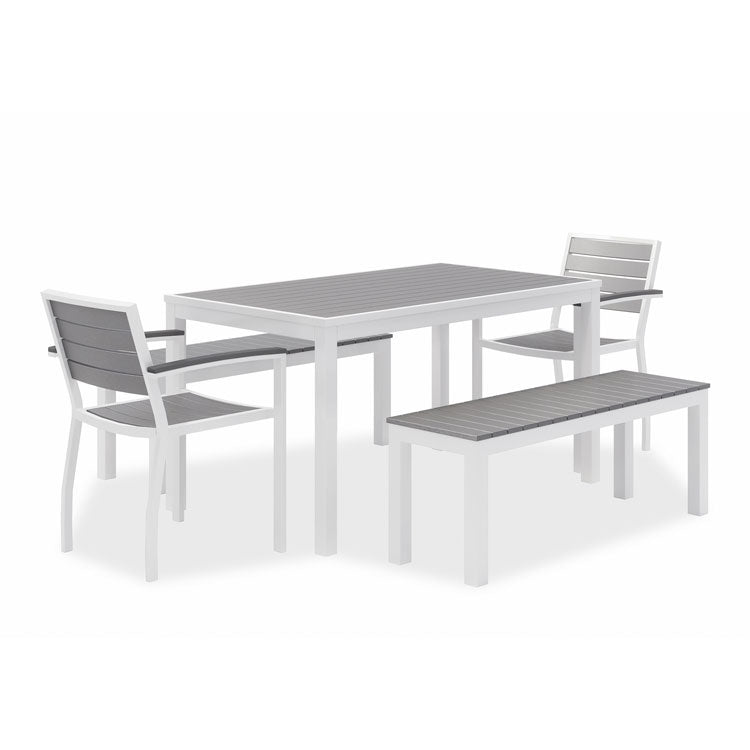 Eveleen Outdoor Dining Table Set, 55" x 35" x 29" Rectangular Table, 2 Benches, 2 Armchairs, Gray/White