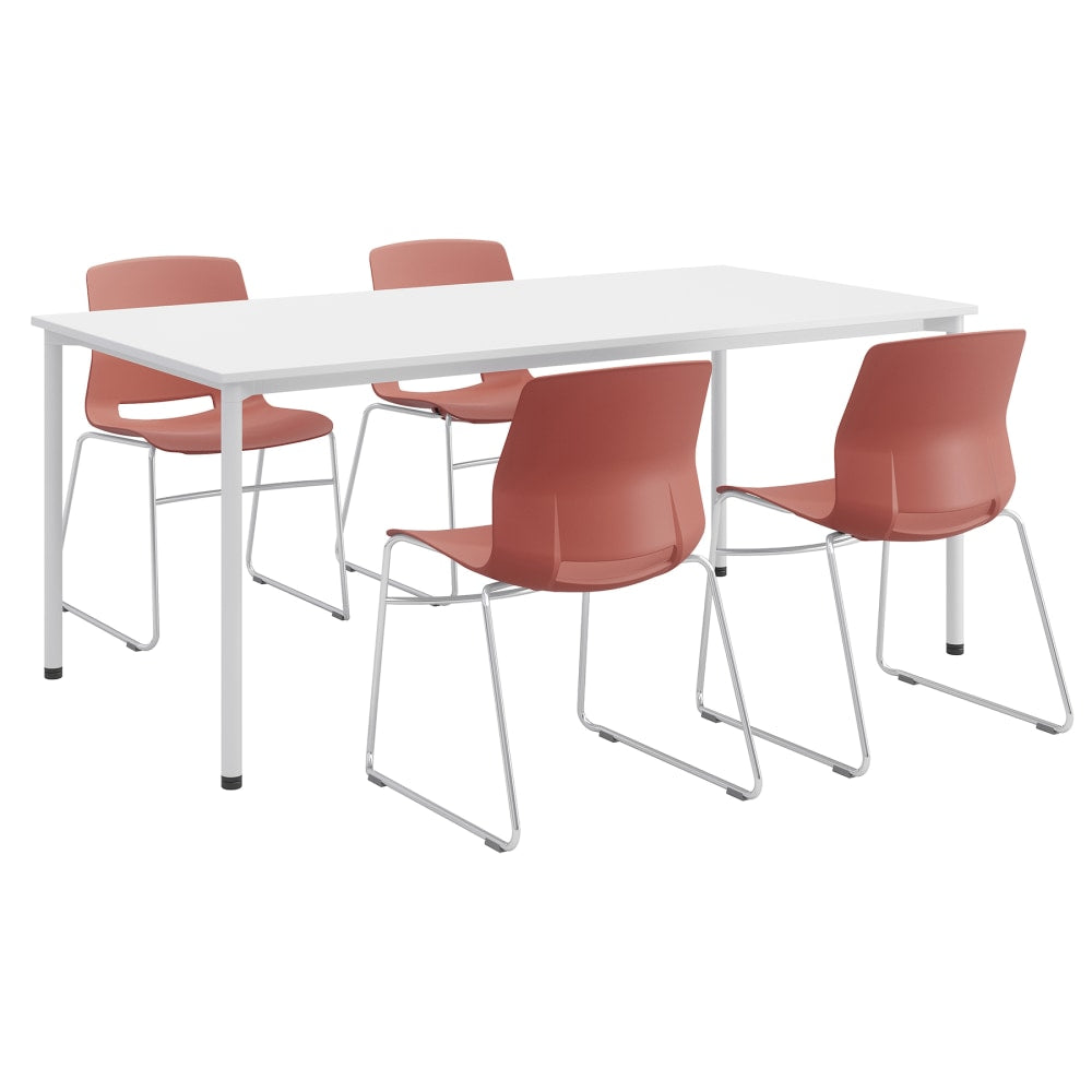 KFI Studios Dailey Table Set With 4 Sled Chairs, White Table/Coral/Silver Chairs
