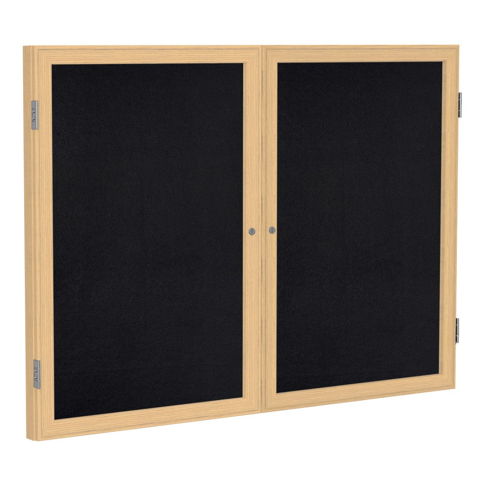 Ghent 2-Door Enclosed Rubber Bulletin Board, 48in x 60in, 90% Recycled, Black Oak Wood Frame