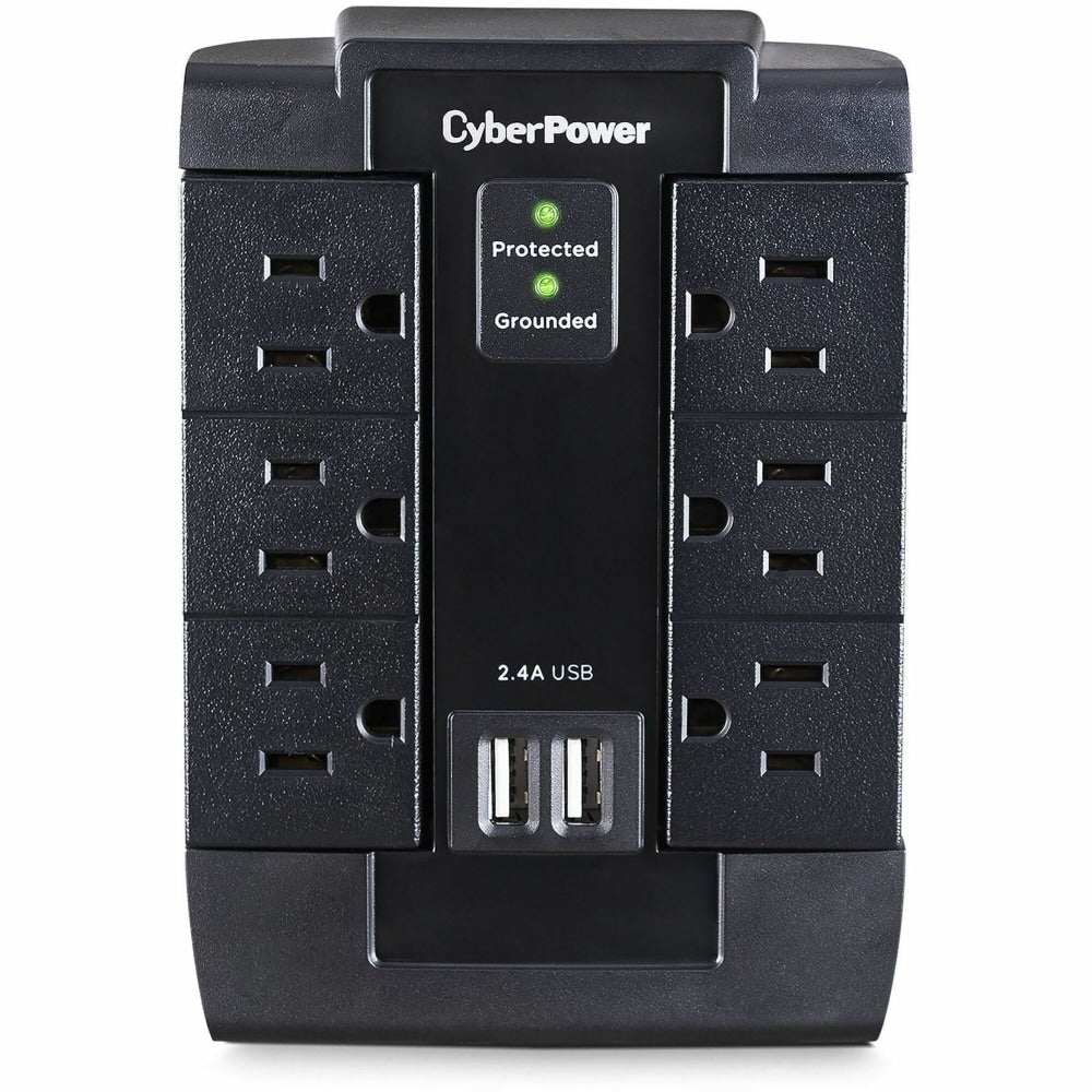 CyberPower CSP600WSU Professional 6 - Outlet Surge with 1200 J - Clamping Voltage 800V, NEMA 5-15P, Wall Tap, 2 - 2.4 Amps (Shared) USB, EMI/RFI Filtration, Black, Lifetime Warranty