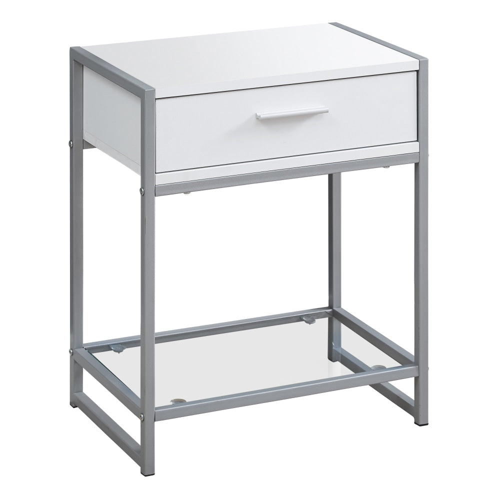 Monarch Specialties Side Accent Table With Glass Shelf, Rectangular, White/Silver