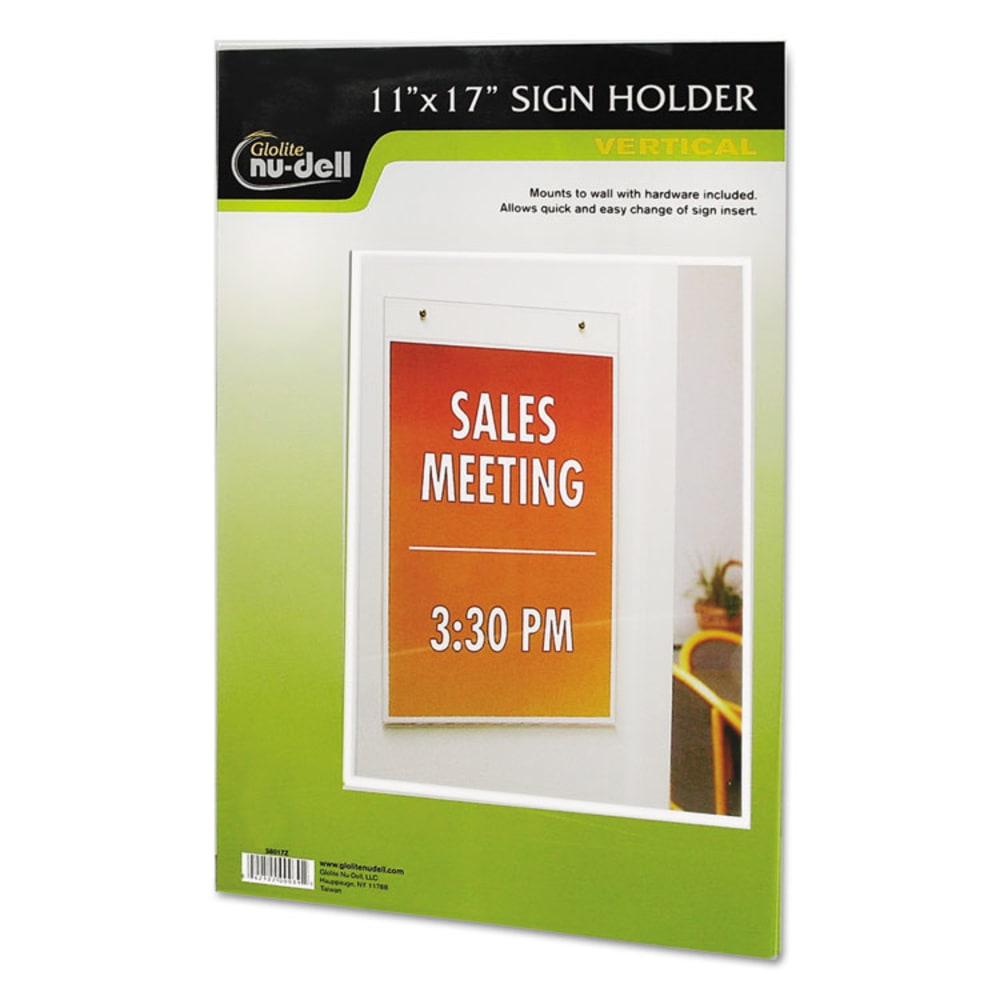 Nu-Dell Vertical Wall Sign Holder - 1 Each - 11in Width x 17in Height - Rectangular Shape - Pre-drilled - Acrylic - Clear