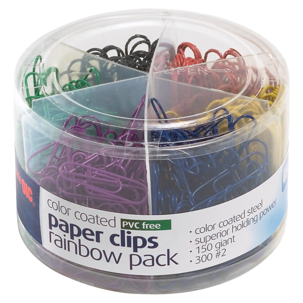 Officemate Nylon-Coated Paper Clips, Tub Of 450, Giant, Assorted Colors