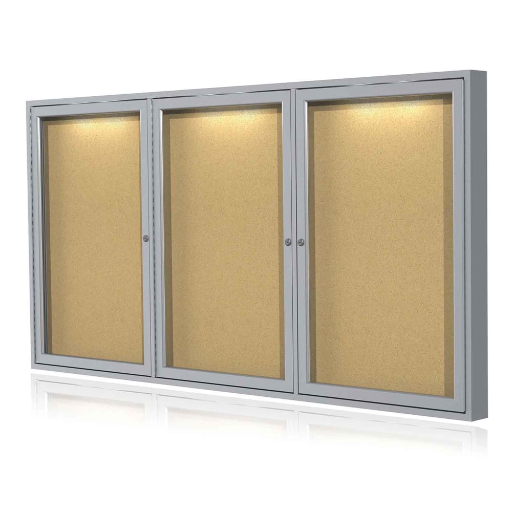 Ghent 3-Door Enclosed Cork Bulletin Board With Concealed Lighting, Natural, 48in x 96in, Satin Aluminum Frame