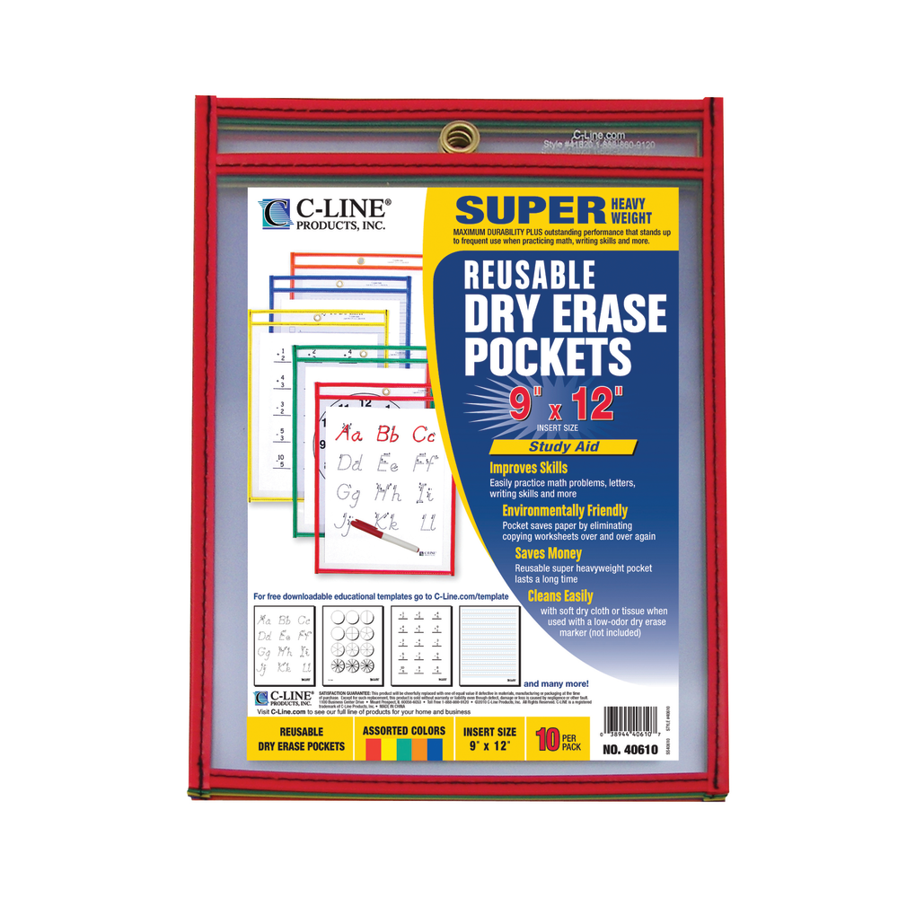 C Line Reusable Dry-Erase Pockets, 9in x 12in, Assorted Colors, Pack Of 10