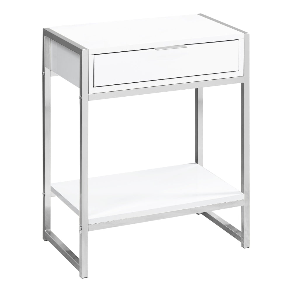 Monarch Specialties Side Accent Table With Shelf, Rectangular, Glossy White/Chrome