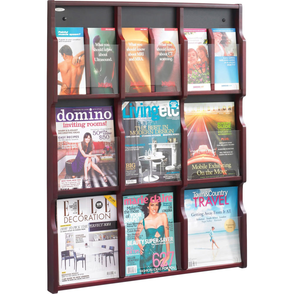 Safco 9 Magazine/18 Pamphlet Wood Literature Rack - 9 x Magazine, 18 x Pamphlet - 38.3in Height x 29.8in Width x 2.5in Depth - Floor - Mahogany, Black - Wood, Plastic - 1 Each