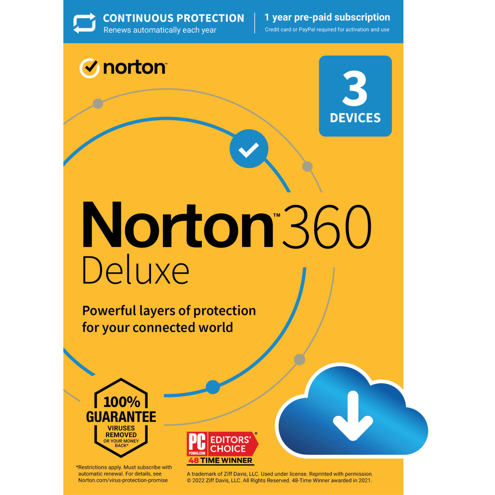 Norton 360 Deluxe, For 3 Devices, 1 Year Subscription, Windows, Download