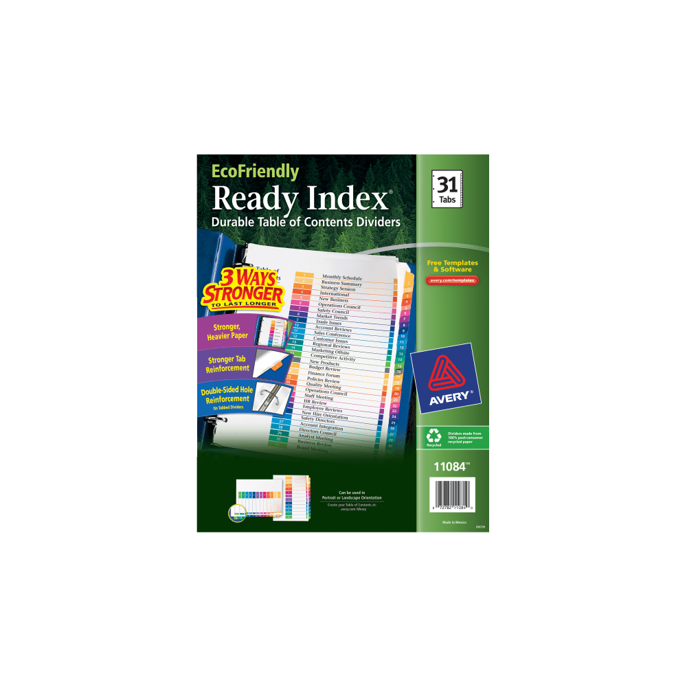 Avery EcoFriendly Ready Index Table Of Contents Dividers, 8 1/2in x 11in, 31-Tab, Multicolor Dividers/Multicolor Tabs