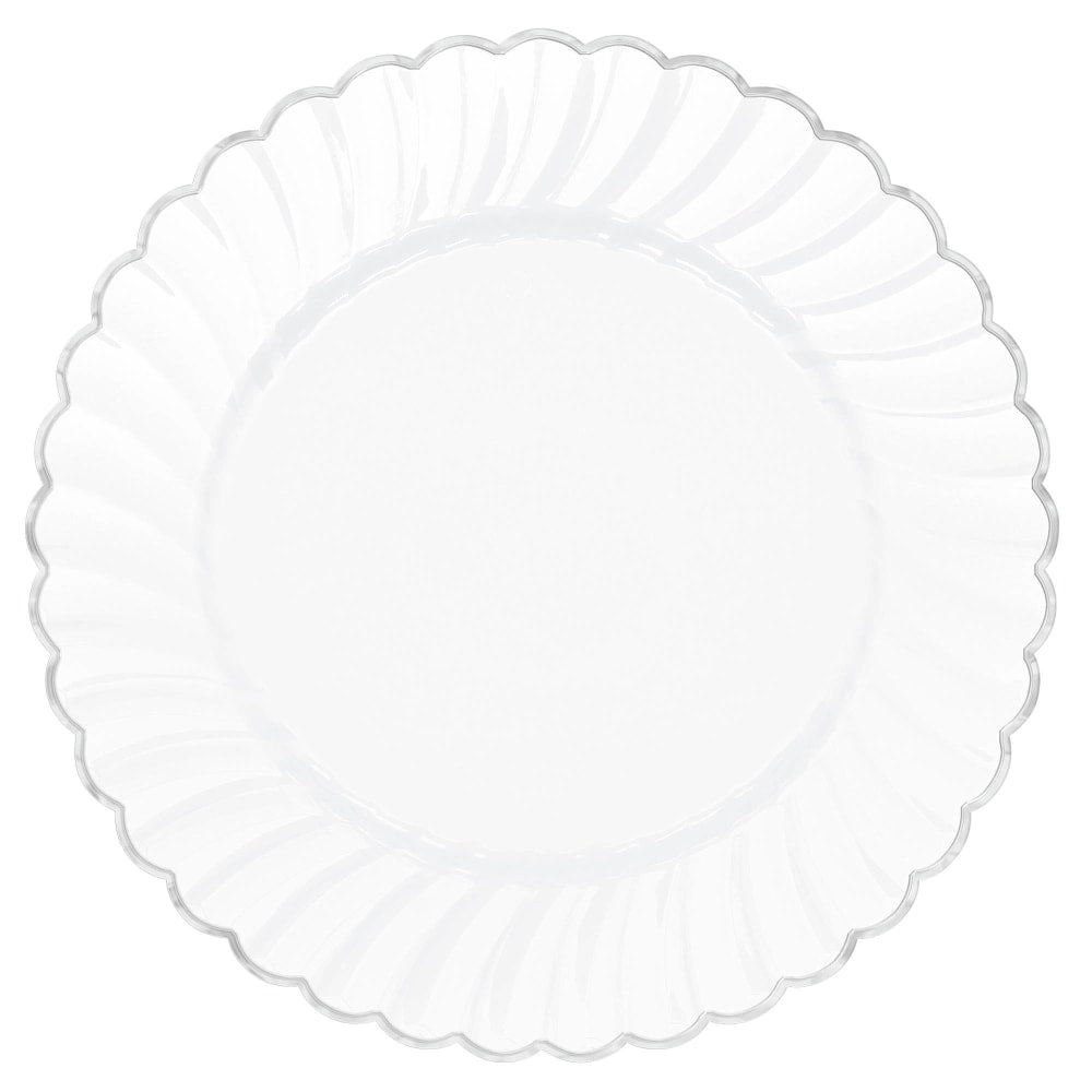 Amscan Scalloped Premium Plastic Plates With Trim, 10-1/4in, White/Silver, Pack Of 10 Plates