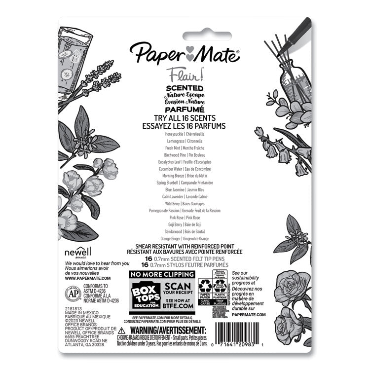 Flair Scented Felt Tip Porous Point Pen, Stick, Medium 0.7 mm, Nature Escape Scents, Assorted Ink and Barrel Colors, 16/Pack