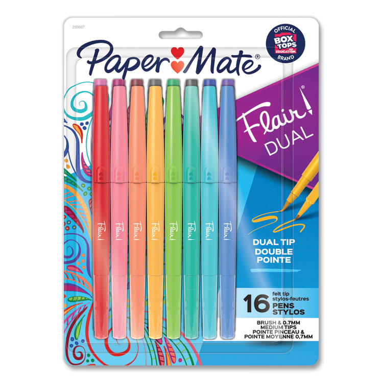 Flair Dual Porous Point Pen, Stick, Medium 0.7 mm Bullet, Pressure-Sensitive Brush, Assorted Ink and Barrel Colors, 16/Pack