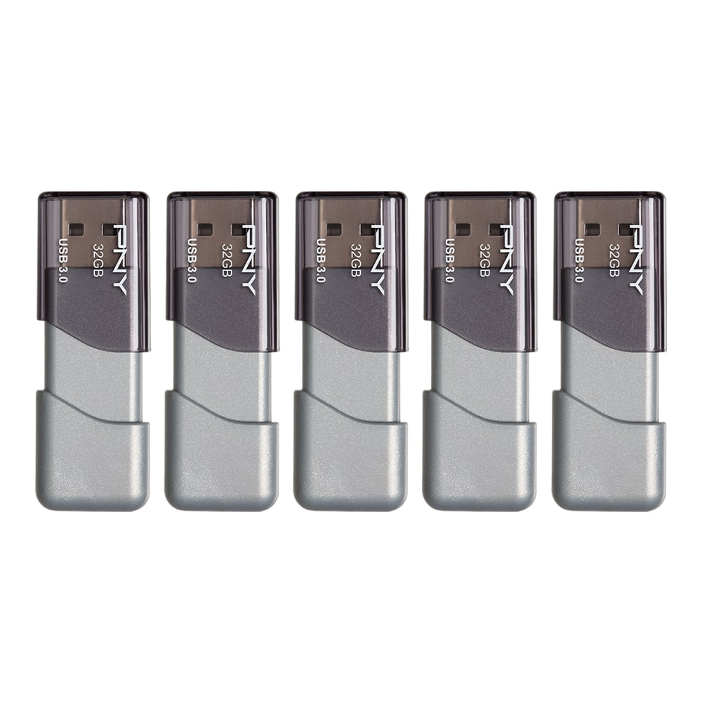 PNY Turbo Attache 3 USB 3.0 Flash Drives, 32GB, Silver, Pack Of 5 Drives