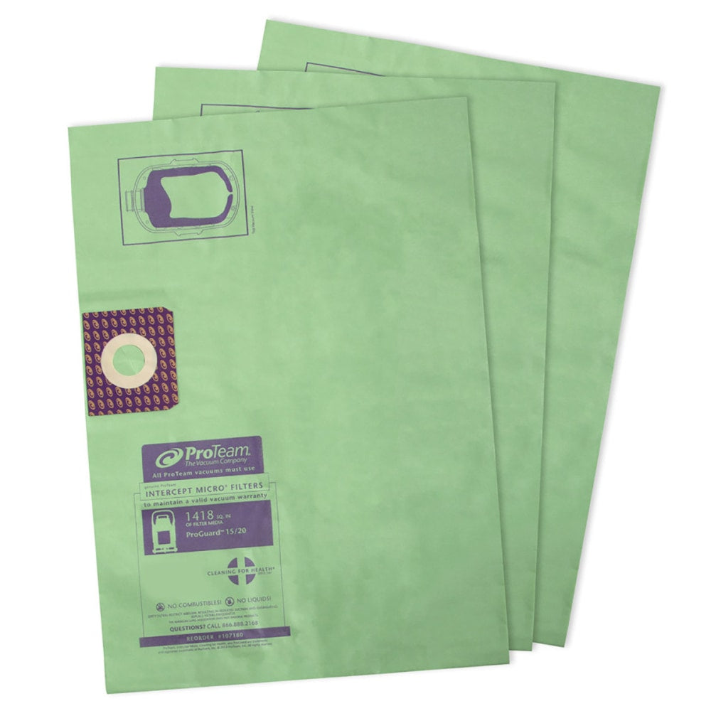 ProTeam ProGuard Intercept Micro Filter Bags, 80-Quart, Green, Pack Of 3 Bags