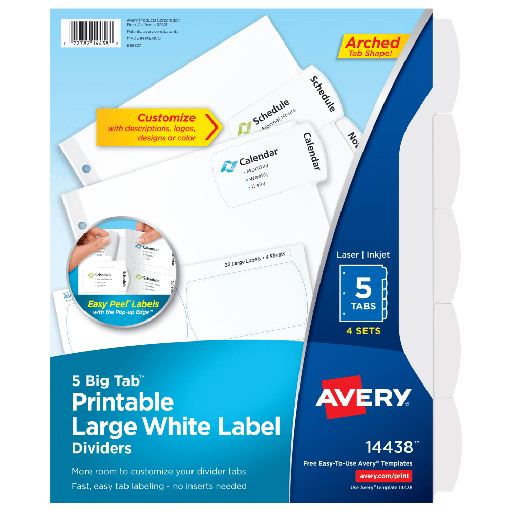 Avery Big Tab Printable Large Label Dividers With Easy Peel, 8 1/2in x 11in, 5 Tab, White, Pack Of 4