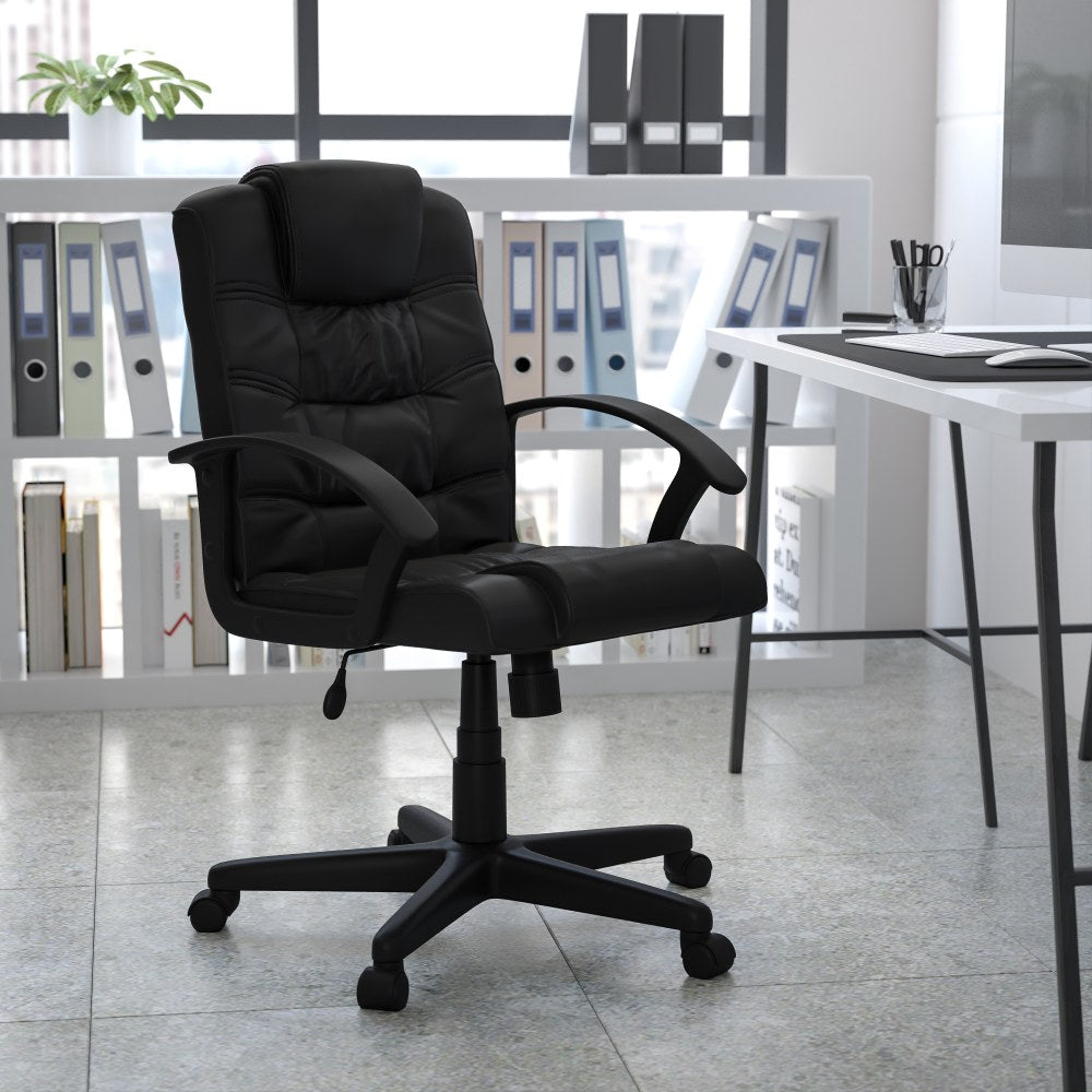 Flash Furniture LeatherSoft Faux Leather Mid-Back Swivel Task Chair With 21 1/2in Back Cushion, Black