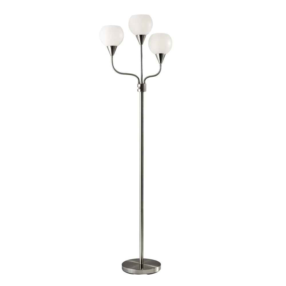 Adesso Phillip 3-Arm Floor Lamp, 65-1/2inH, White Shades/Brushed Steel Base