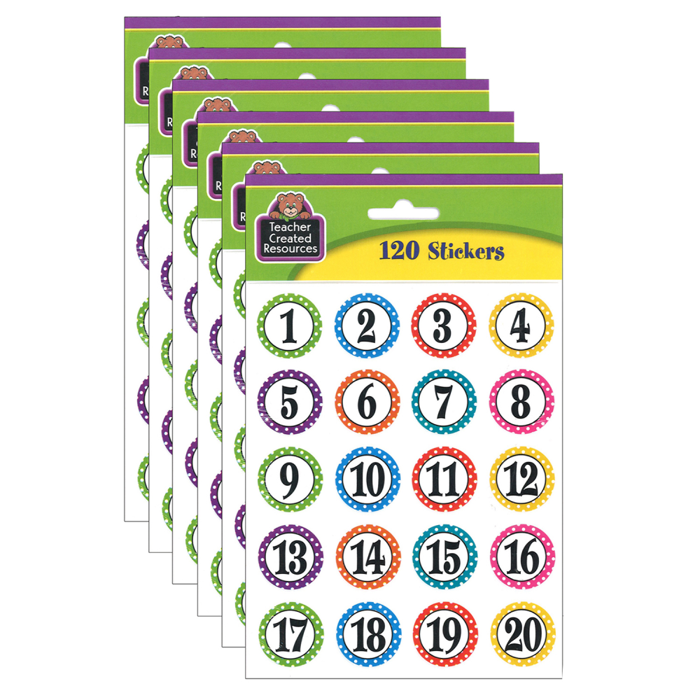 Teacher Created Resources Stickers, Polka Dots Numbers, 120 Stickers Per Pack, Set Of 6 Packs