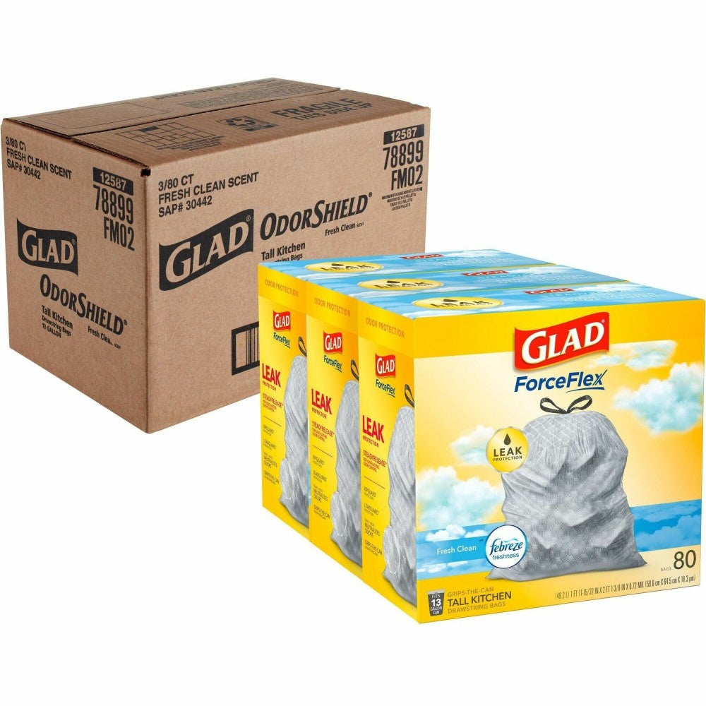 Glad ForceFlex Tall Kitchen Drawstring Trash Bags With Febreze Freshness, 13 Gallon, White, 80 Per Box, Carton Of 3 Boxes