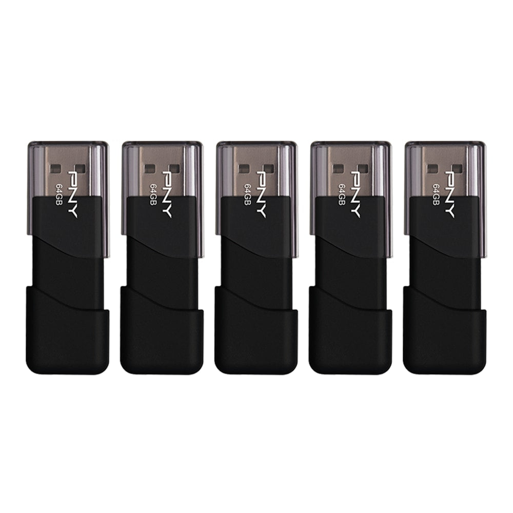 PNY Attache 3 USB 2.0 Flash Drives, 64GB, Black, Pack Of 5 Flash Drives